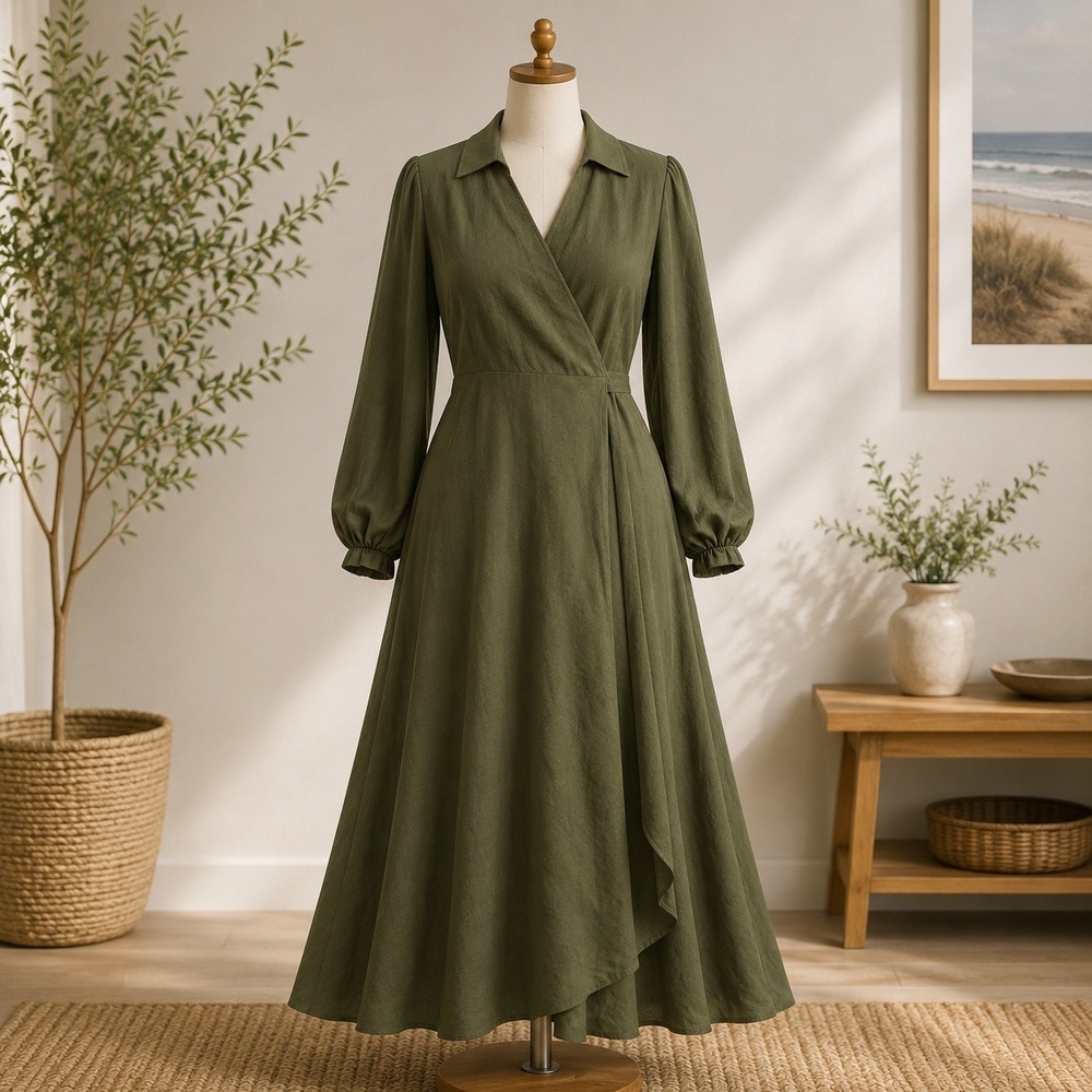 NWT‎ Cupshe Wrap Dress  Large Olive Green Long Sleeve Collared Midi CA05A4G88RR